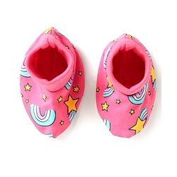 Babyhug 100% Cotton Interlock Knit Cap Mittens & Booties Set With Rainbow Print Pink - Diameter 14 cm