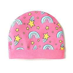 Babyhug 100% Cotton Interlock Knit Cap Mittens & Booties Set With Rainbow Print Pink - Diameter 14 cm