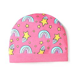 Babyhug 100% Cotton Interlock Knit Cap Mittens & Booties Set With Rainbow Print Pink - Diameter 14 cm