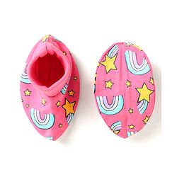 Babyhug 100% Cotton Interlock Knit Cap Mittens & Booties Set With Rainbow Print Pink - Diameter 14 cm