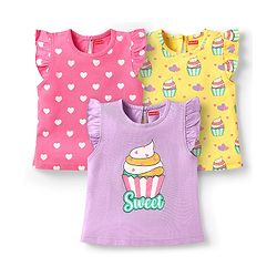 Babyhug Cotton Knit Frill Sleeves T-Shirts with Cup Cake & Heart Print Pack Of 3 - Mauve Yellow & Pink