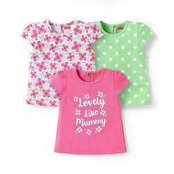 Babyhug Cotton Knit Half Sleeves T-Shirts With Polka Dot & Floral Print Pack Of 3 - Pink & Light Green