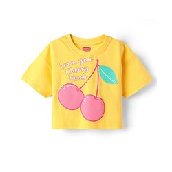 Babyhug Cotton Knit Half Sleeves Drop Shoulder T-Shirt with Love You Cherry Much Text Print - Yellow