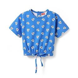 Babyhug Cotton Knit Half Sleeves Top with Floral Print - Blue
