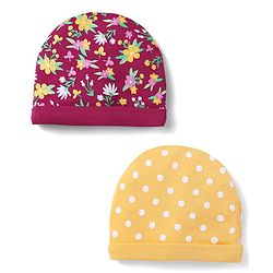 Babyhug 100% Cotton Interlock Knit Caps With Polka Dots & Floral Print Pack Of 2 Marron & Yellow - Diameter 14cm