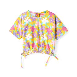 Babyhug Cotton Knit Half Sleeves Top with Floral Print - Yellow