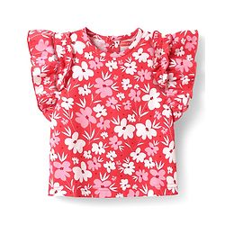 Babyhug Cotton Knit Frill Sleeves Top With Floral Print - Red