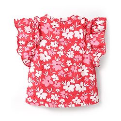 Babyhug Cotton Knit Frill Sleeves Top With Floral Print - Red