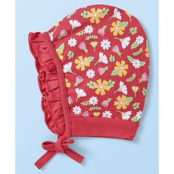 Babyhug Interlock Knit Bonnet Bonnet Caps With Polka Dots & Floral Print Pack Of 2 Red & White - Diameter 10 cm