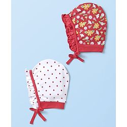 Babyhug Interlock Knit Bonnet Bonnet Caps With Polka Dots & Floral Print Pack Of 2 Red & White - Diameter 10 cm