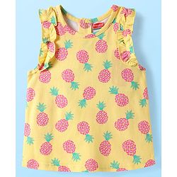 Babyhug Cotton Knit Sleeveless Top With Pineapple Print & Frill Detailing - Yellow