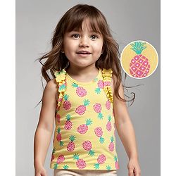 Babyhug Cotton Knit Sleeveless Top With Pineapple Print & Frill Detailing - Yellow