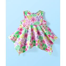 Babyhug Cotton Knit Sleeveless Top With Floral Print & Bow Applique - White & Pink