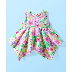 Babyhug Cotton Knit Sleeveless Top With Floral Print & Bow Applique - White & Pink