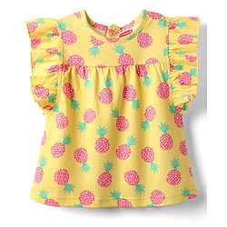 Babyhug Cotton Knit Frill Sleeves Top with Pineapple Print - Yellow
