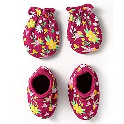 Babyhug 100% Cotton Interlock Knit Mittens & Booties With Floral Print - Maroon