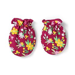 Babyhug 100% Cotton Interlock Knit Mittens & Booties With Floral Print - Maroon