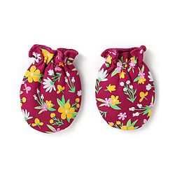 Babyhug 100% Cotton Interlock Knit Mittens & Booties With Floral Print - Maroon
