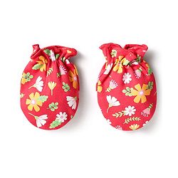Babyhug 100% Cotton Interlock Knit Mittens & Booties With Floral Print - Red