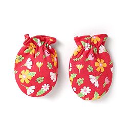Babyhug 100% Cotton Interlock Knit Mittens & Booties With Floral Print - Red