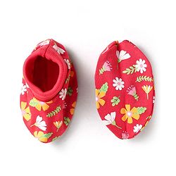 Babyhug 100% Cotton Interlock Knit Mittens & Booties With Floral Print - Red