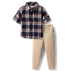 Babyhug Cotton Woven Full Sleeves Checks Shirt & Trouser Set - Navy Blue & Beige