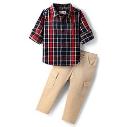 Babyhug Cotton Woven  Full Sleeves Shirt & Trouser Set with Checks - Red Navy Blue & Beige