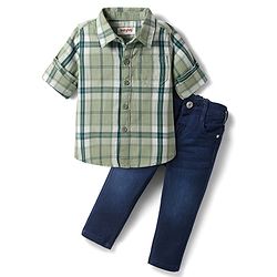 Babyhug Cotton Woven Full Sleeves Checkered Shirt & Denim Jeans - Olive Green & Blue