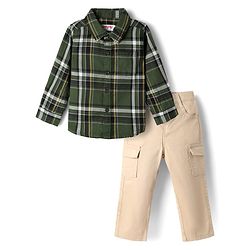 Babyhug Cotton Woven Full Sleeves Checks Shirt & Trouser Set - Dark Green & Beige