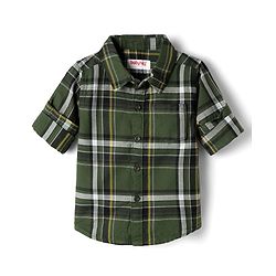 Babyhug Cotton Woven Full Sleeves Checks Shirt & Trouser Set - Dark Green & Beige