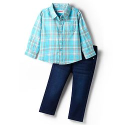 Babyhug Cotton Woven Full Sleeves Shirt & Jeans with Checks - Light Blue & Blue