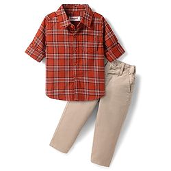 Babyhug Cotton Woven Full Sleeves Checkered Shirt & Trouser Set - Rust Orange & Beige