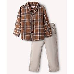 Babyhug Cotton Woven Full Sleeves Checkered Shirt & Trouser Set - Brown & Beige