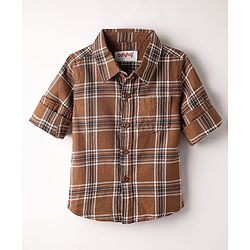 Babyhug Cotton Woven Full Sleeves Checkered Shirt & Trouser Set - Brown & Beige