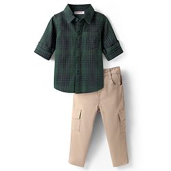Babyhug Cotton Woven Full Sleeves Checks Shirt & Trouser Set - Dark Green & Beige