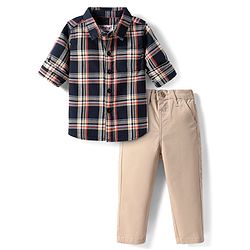 Babyhug Cotton Woven Full Sleeves Checkered Shirt & Trouser Set - Navy Blue & Beige