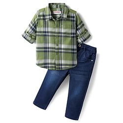Babyhug Cotton Woven Full Sleeves Checkered Shirt & Denim Jeans - Olive Green & Blue