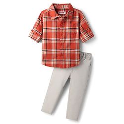 Babyhug Cotton Woven Full Sleeves Shirt & Trouser Set with Checks - Orange & Beige