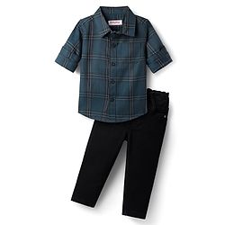 Babyhug Cotton Woven Full Sleeves Shirt & Trouser Set with Checks - Teal Blue & Black