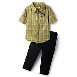 Babyhug Cotton Woven Full Sleeves Shirt & Trouser Set with Checks -  Olive Green & Black
