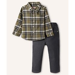 Babyhug Cotton Woven Full Sleeves Checkered Shirt  & Denim Jeans Set - Olive Green & Black