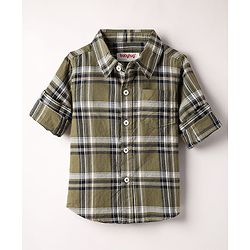 Babyhug Cotton Woven Full Sleeves Checkered Shirt  & Denim Jeans Set - Olive Green & Black