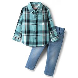Babyhug Cotton Woven Full Sleeves Checks Shirt & Denim Jeans Set - Turquoise