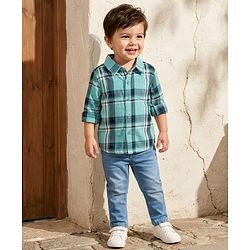Babyhug Cotton Woven Full Sleeves Checks Shirt & Denim Jeans Set - Turquoise