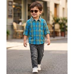 Babyhug Cotton Woven Full Sleeves Shirt & Jeans with Checks - Blue & Grey