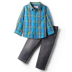 Babyhug Cotton Woven Full Sleeves Shirt & Jeans with Checks - Blue & Grey