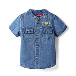Babyhug Cotton Woven Half Sleeves Shirt with Smile Text Embroidery -Blue