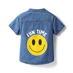 Babyhug Cotton Woven Half Sleeves Shirt with Smile Text Embroidery -Blue