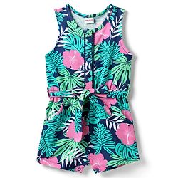 Babyhug Cotton Knit Sleeveless Jumpsuit with Belt & Floral Print - Blue & Green