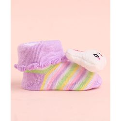Cute Walk by Babyhug Socks With Striped & Bunny Face Applique - Purple